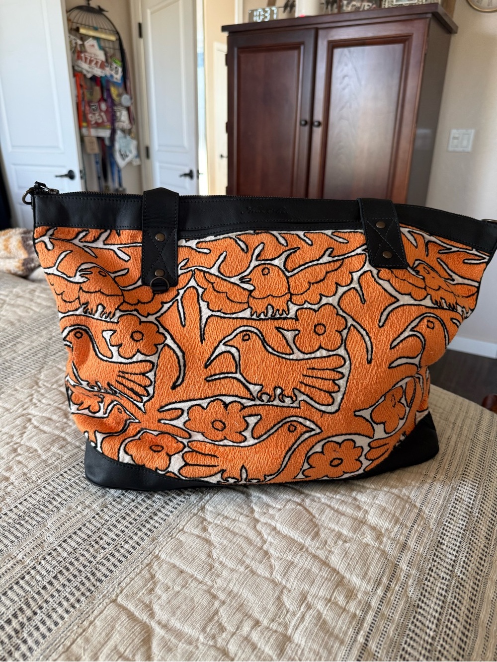 Nena & Co. Orange Embroidered Bird Tote with Black Trim